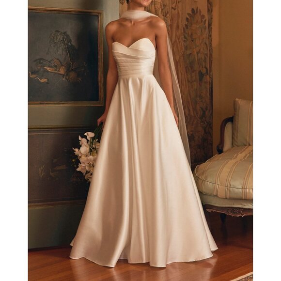 Lulus Khalida White Satin Pleated Strapless Gown Sz Large Womens White Wedding